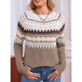 thumbnail image 6 of Women FairIsle Sweater Casual Vintage Crew Neck Knitted Sweater Cute Graphic Fall Fashion Pullover Jumper Tops Khaki S, 6 of 10