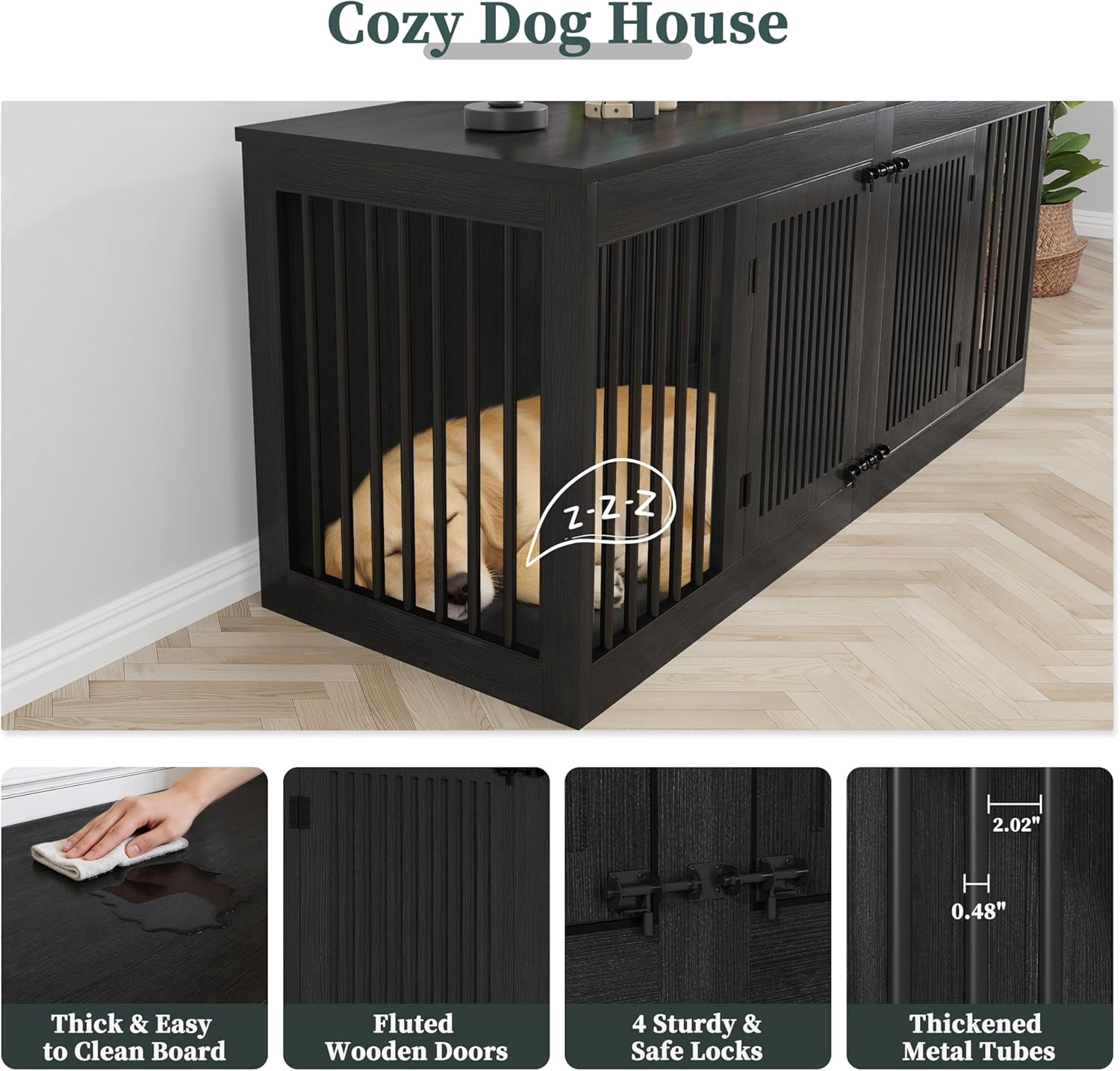 POAO 72" Double Dog Crate Furniture, Heavy Duty Dog Kennel for 2 Large Dogs, Wooden Dog Cage w Removable Divider, Decorative Dog House as TV Stand, Dark Grey