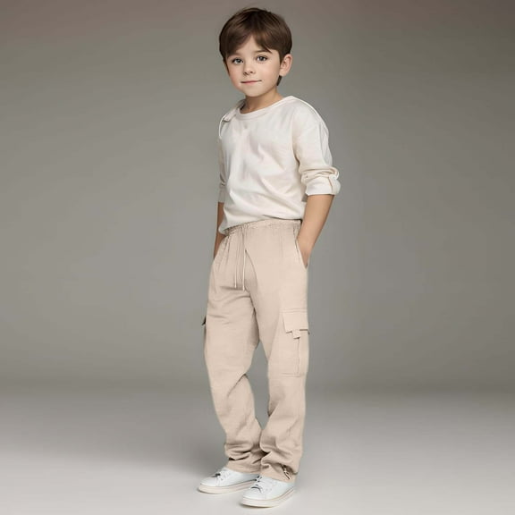 Huowey Big Boys Sweatpants Elastic Waist Drawstring Solid Color Casual Sports Trousers Straight Leg Relaxed Fit Joggers For Big Boys Track Pants Streetwear,Beige,3-4 Years