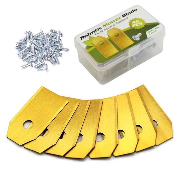 Paquete de 45 cuchillas de repuesto de acero inoxidable con revestimiento de titanio, accesorios para cortacésped, cuchillas de repuesto para cortacésped compatibles con robótica. Afortunado Sencillez