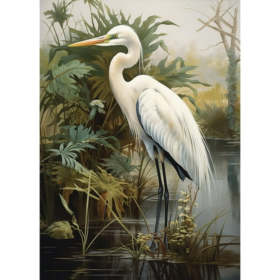 White Egrets in the Water 5D Diamond Art DIY Paint with Full Drill Round Diamond Gems Painting by Number Kits for Adults Art Craft Home Wall Decor 11.8x15.8in