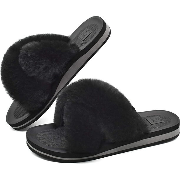 KUAILU Womens Fuzzy Slides Fluffy Faux Fur House Slippers Open Toe