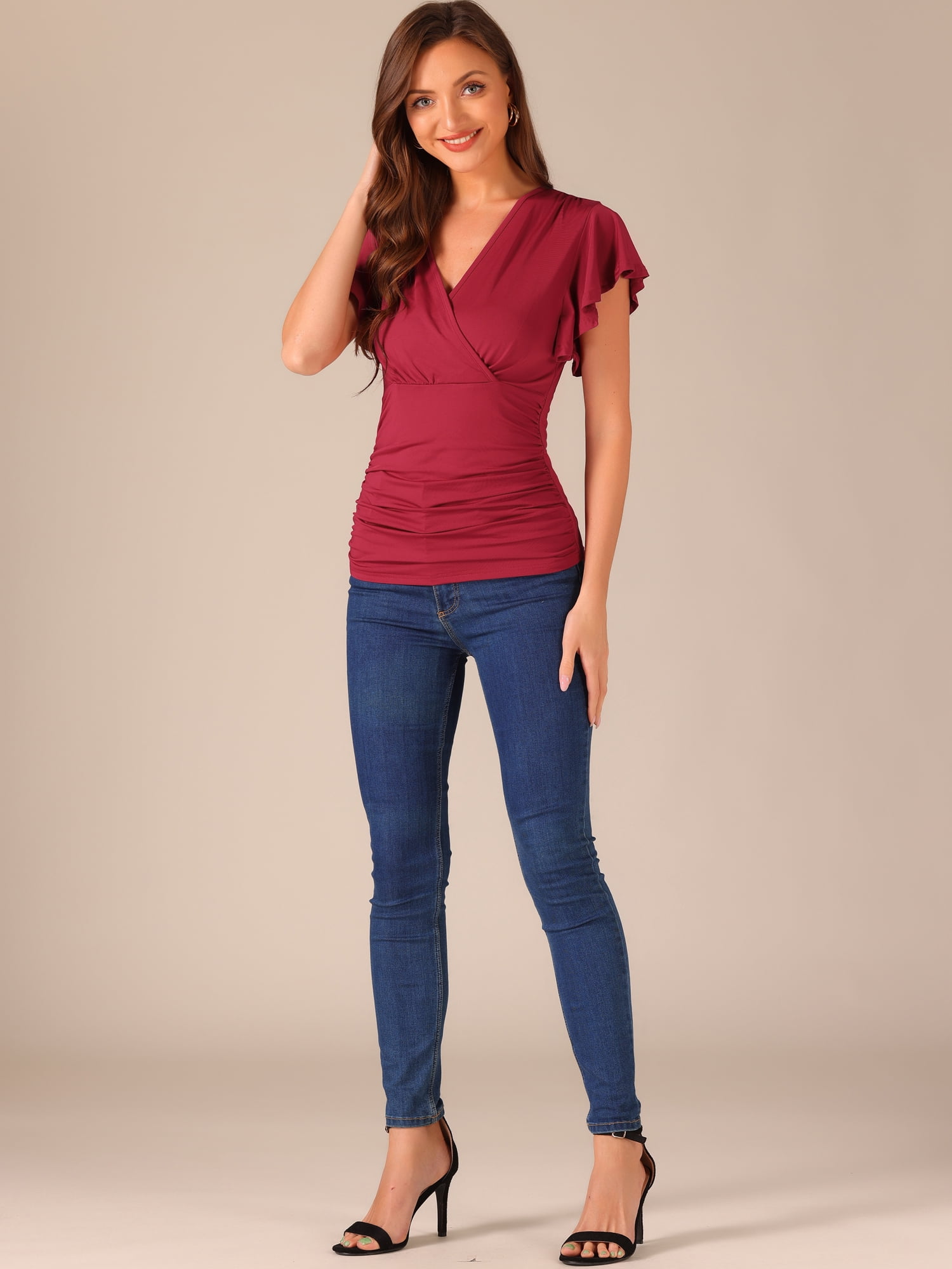 DARING DIVA Women's Stylish V Neck Cinched Waist Ruffle Sleeve Blouse S Dark Red