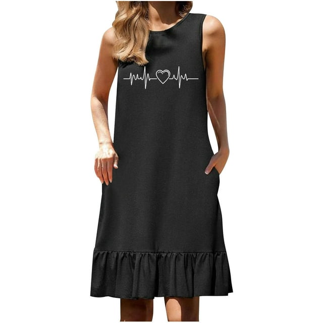 Faldas Cortas para Mujeres Vestido sin Mangas de Impresión Sexy, Falda Plisada de Cuello Redondo con Bolsillo Y Detalle de Empalme
