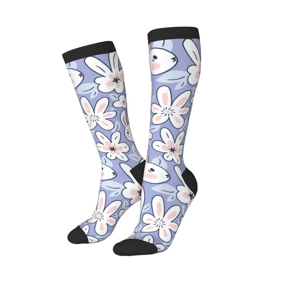 Knee High Socks for Women Men Athletic - Abstract Flower Cute Rabbit Purple Thigh-High Black Sole Comfort Breathable Long Socks for Casual Travel Running