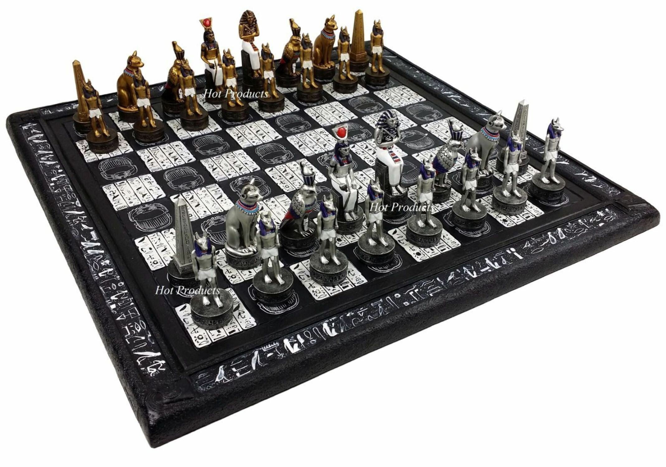 Egyptian Anubis Chess Set Gold  Silver Painted Men W/ 16" Hieroglyphics Board