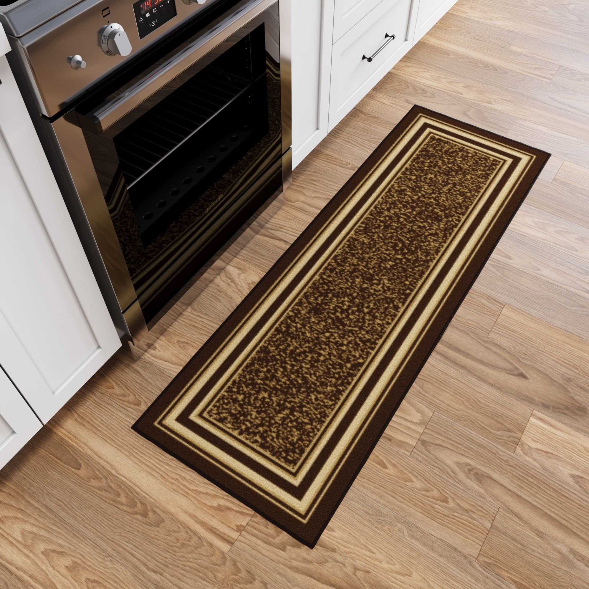 Ottomanson Border Bathroom Runner Rug 20" x 53" - Non Slip Low Pile Carpet, Dark Brown