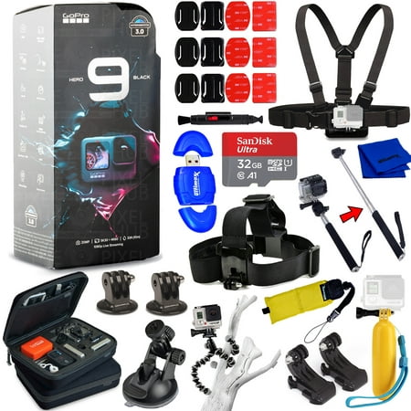 GoPro HERO9 Black Waterproof 4K Camcorder All In 1 PRO ACCESSORY KIT with SanDisk 32GB, 3-Way Tripod, Medium Case, Head and Chest Strap, Selfie Stick and Much More