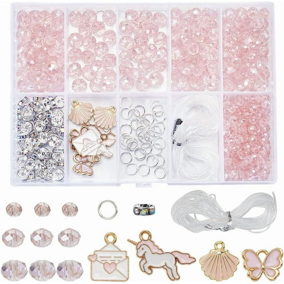1 Set DIY Glass Beads & Alloy Enamel Charms Bracelets Making Kits Pink 8x6mm Hole: 1mm