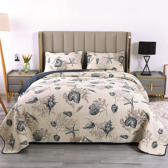 Blue Shell Tread Design 3 Piece Comforter Quilt Bedspeads Sets Queen Cotton White&Blue