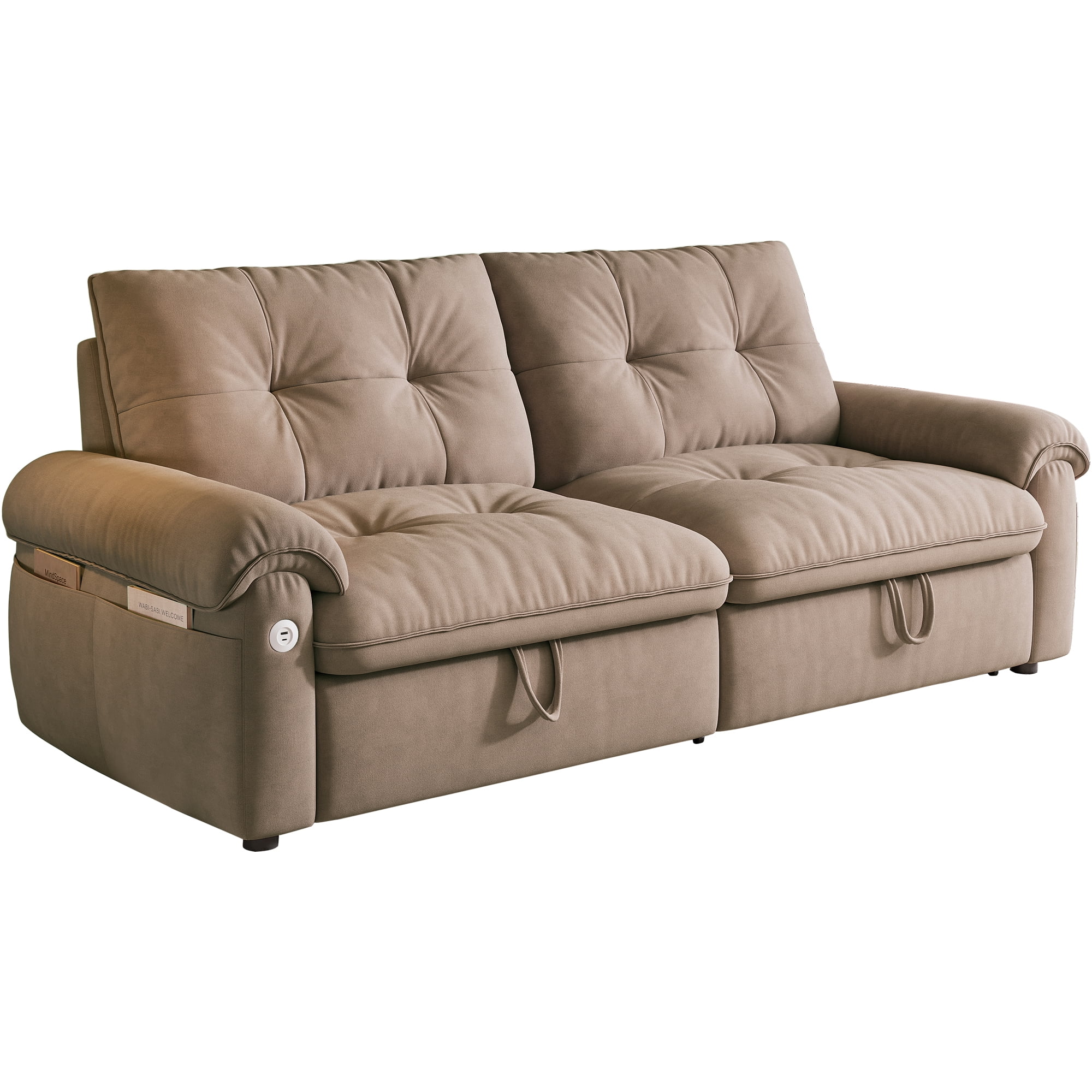 AISWORD 77"W Convertible Sleeper Sofa Bed,Velvet Pull-Out Loveseat Sofa Couch with USB Charging Port & Side Pockets,Modern Living Room Furniture for Small Spaces,Brown