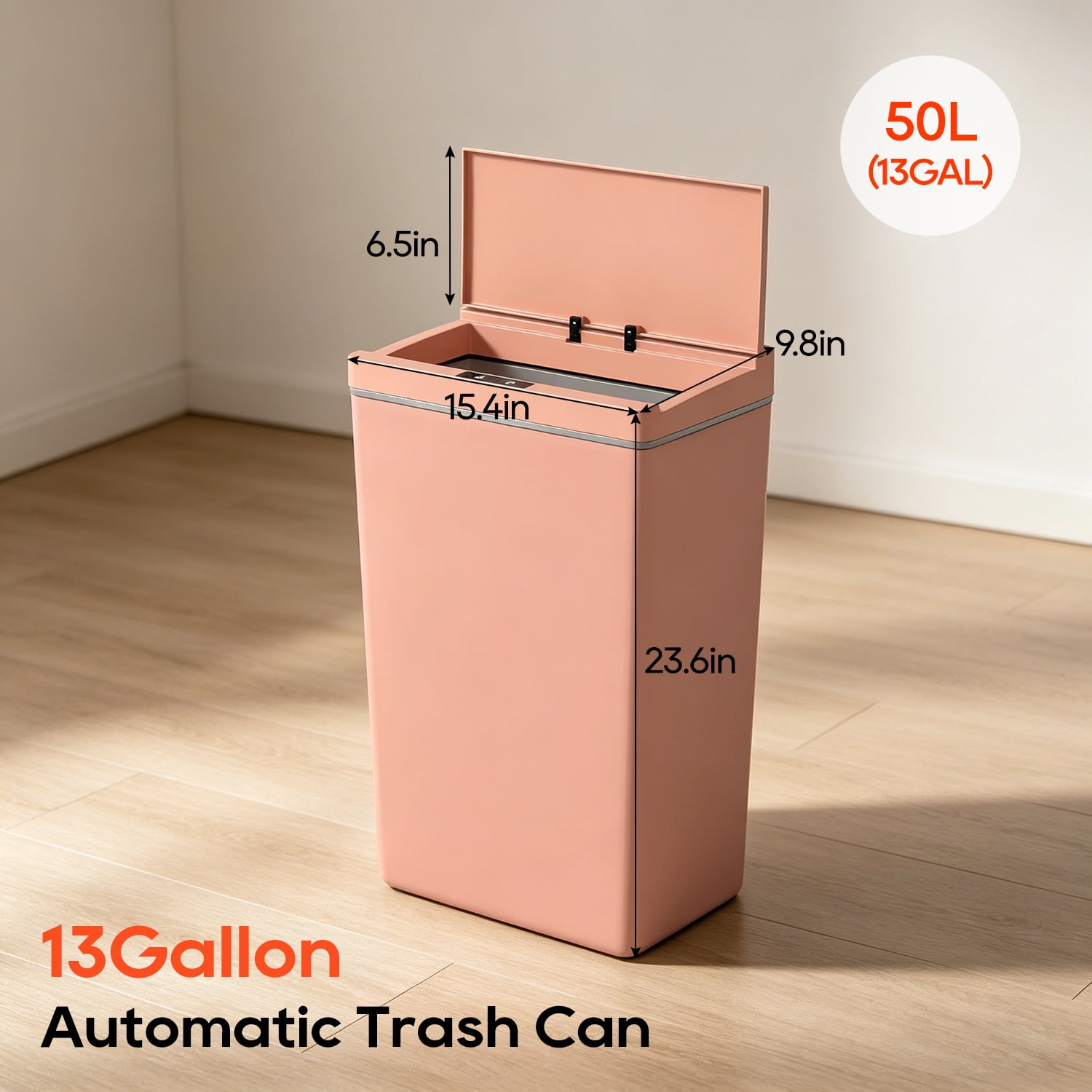 BestOffice 13 Gallon Automatic Plastic Trash Can with Lid, Touch Free with Motion Sensor for Indoor Use(Pink)