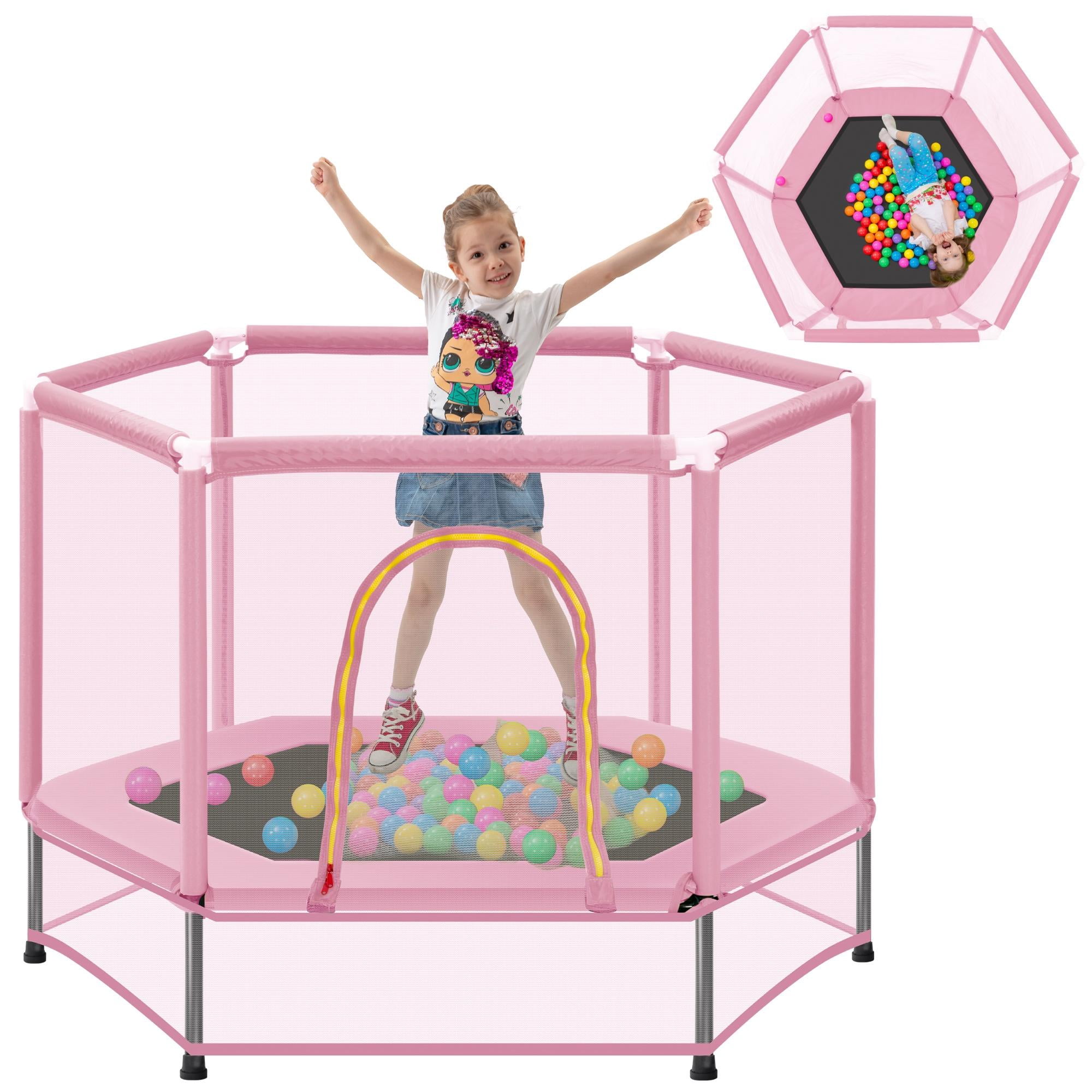 55'' Mini Toddler Trampoline, Small Trampoline for Kids with Enclosure Net, Round Indoor Outdoor Trampoline w/Balls as Gift for Boy & Girl Christmas, Halloween, Birthday Toy, Pink