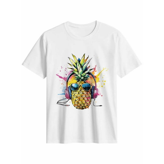 Women's T-Shirt Pineapple in Earphone Hip Hop Short Sleeve Casual Tee Classic Crew Neck T Shirt for Women White, M