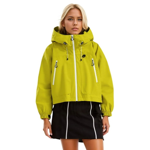 Fiaer,Women's Loose Fit Full Zip Cropped Softshell Jackets,Ladies Turtleneck Drawstring Waterproof Adjustable Hooded Tops,Womens Hiking Outdoor Activity Outerwear with Zipper Pockets Yellow S