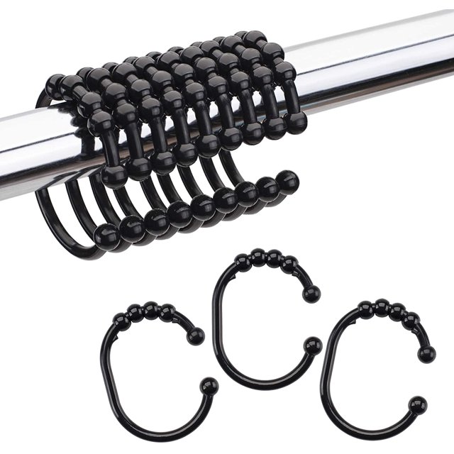 Shower Curtain Hooks, Black Plastic Shower Curtain Rings Hooks, 12 PCS Shower Rings for Bathroom Shower Rod Shower Hooks for Curtain C-Shaped Curtain Rings