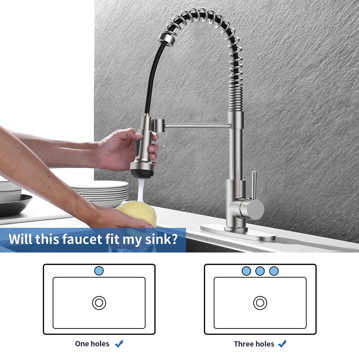 Izzovium Commercial Kitchen Faucet with Pull Down Sprayer, 4 Spraying Modes, Single Handle, Brushed Nickel Finish, Fits 1 or 3 Hole Sink, 1.8 GPM Flow Rate