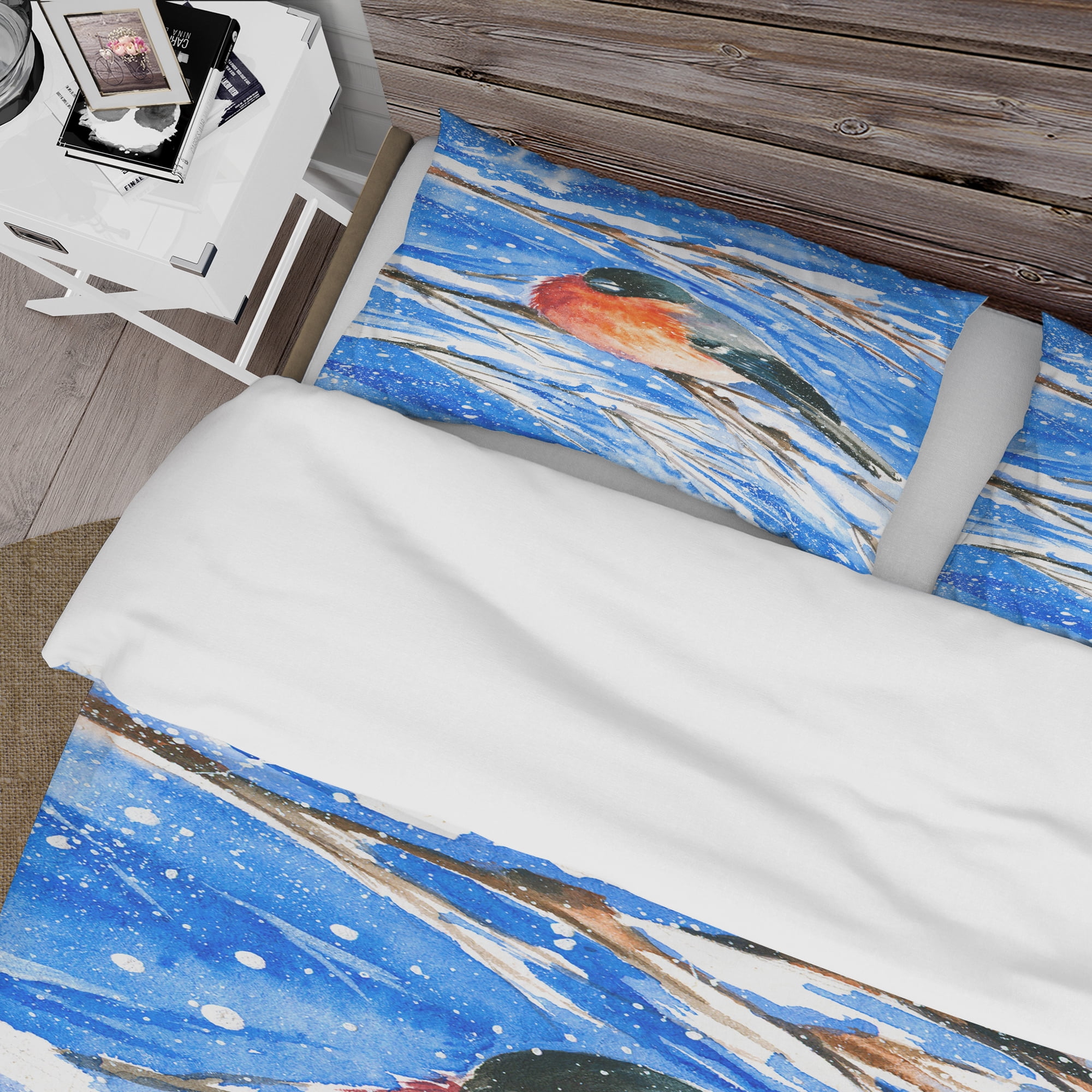 Designart 'Bullfinch in Snow Storm' Animals Duvet Cover Set