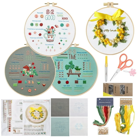 ZYNERY 4-Pack Embroidery Kit for Beginners - Complete Starter Set with 4 Pre-Printed Patterns, Learn 42 Stitches, 2 Hoops, 12 Needles, Threads   100 Beads & 3D Floral Design - DIY Craft for Adults
