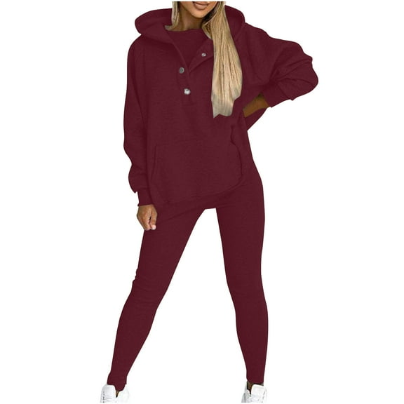 successthop Sweatsuits 2 Piece Sets Womens Plus Size Fleece Long Sleeve Button Hoodie and Slim Sweatpant Solid Outfits
