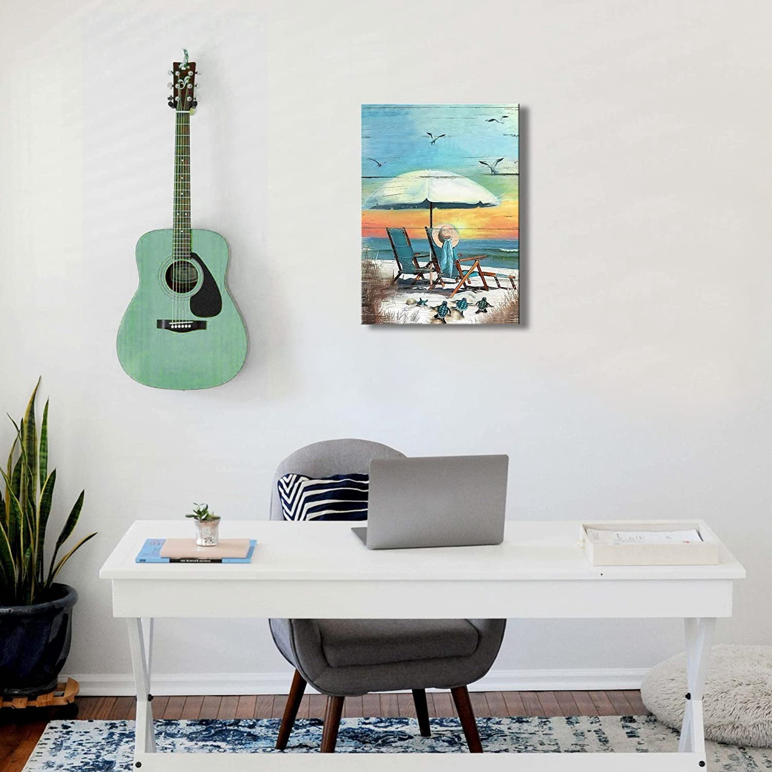 Beach Canvas Wall Art for Bathroom Wall Decor Seaside Turtle Seagull Ocean Picture Print Sunset Painting Framed Artwork for Modern Home Bedroom Decor 12x16 inch