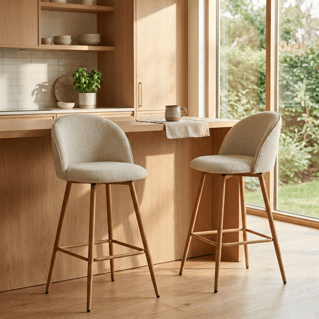 Homy Casa Set of 2 Swivel Counter Stools, Upholstered Fabric Bar Chairs with Oak Pattern Metal Legs for Kitchen Island, Beige