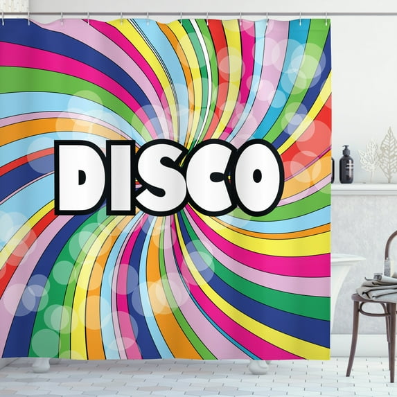 Vintage Rainbow Shower Curtain, Eighties Style Disco Advertisement with Swirled Spiral Colorful Stripes, Fabric Bathroom Set with Hooks, 69W X 84L Inches Extra Long, Multicolor, by Ambesonne