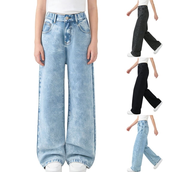 Miluxas Girls Baggy Jeans Loose Leg, Zipper Buttons and Pockets, Casual Elastic Waist Denim Pants for Girls Gray 12-13Years