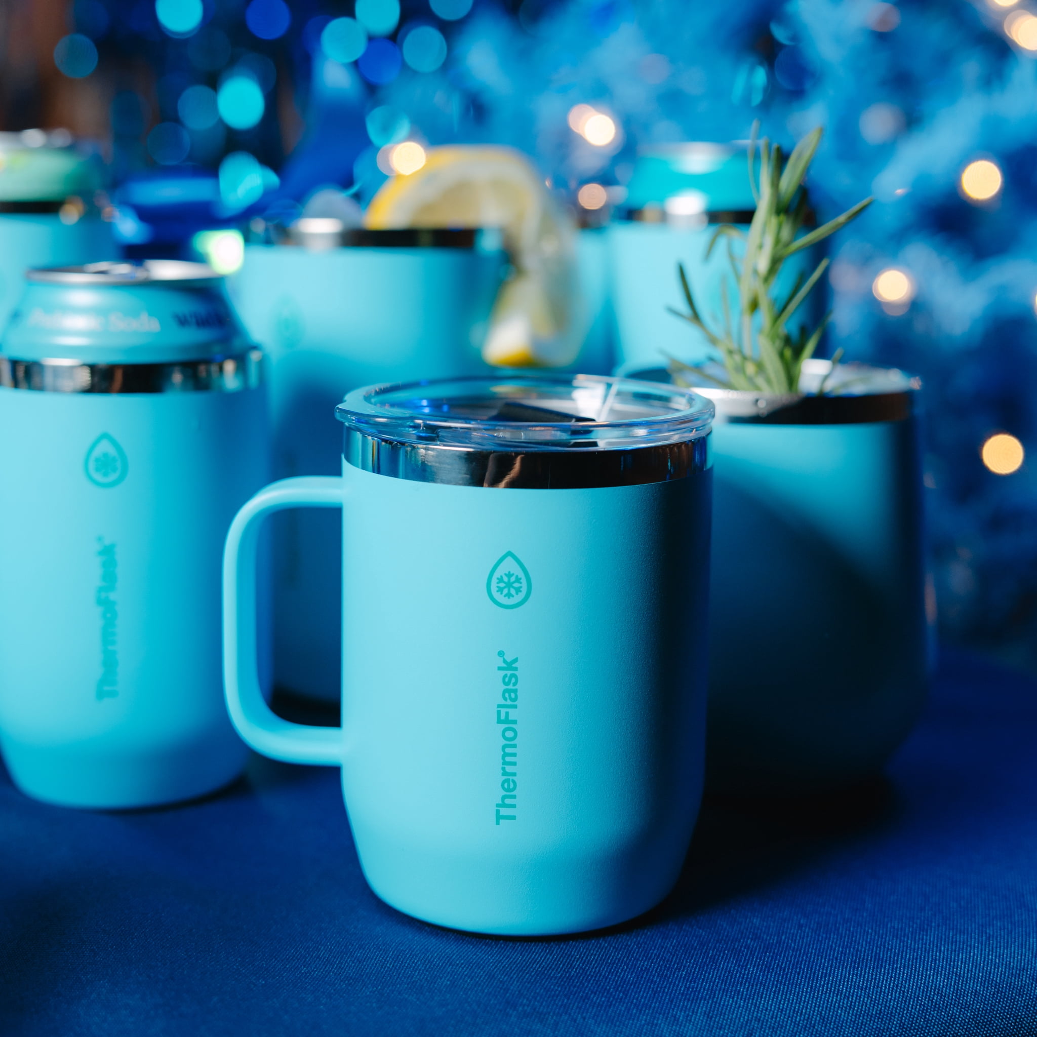 ThermoFlask Drinkware 12 oz Coffee Mug - Double-Wall Insulated for Hot & Cold Drinks - Lightweight & Simple with Innovative Press In Slider Lid - Modern & Durable - Vivid Blue