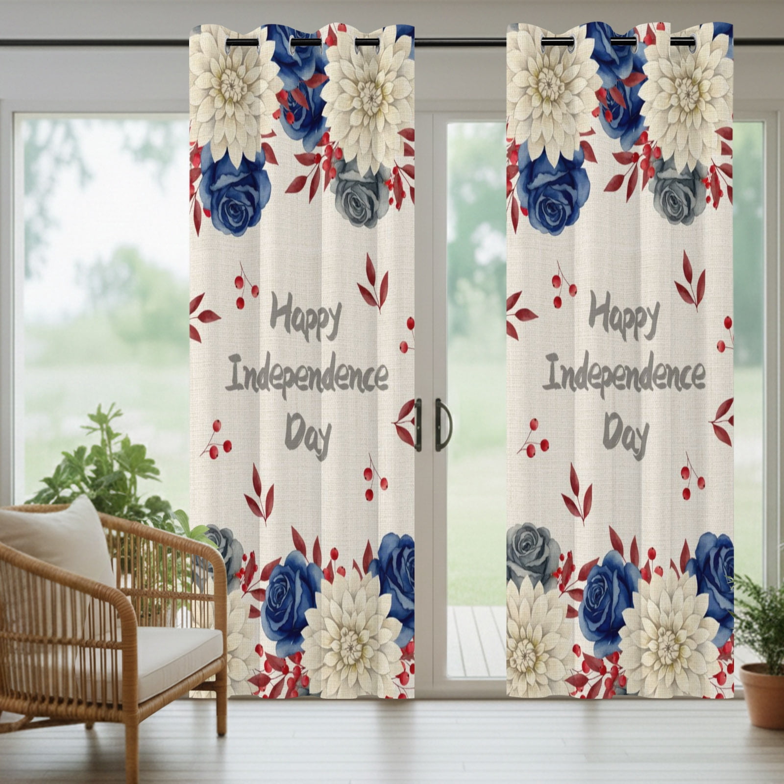 Happy Independence Day Outdoor Curtains for Patio, Red Blue Rose Dahlia Floral Rustic Sunshade Privacy Drapes Grommet Waterproof Outside Curtains for Porch/Cabana/Balcony 54"x 108", 1 Panel