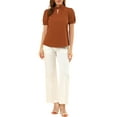 thumbnail image 3 of INSPIRE CHIC Women's Keyhole Short Puff Sleeves Mock Neck Casual Blouses XS Caramel, 3 of 8