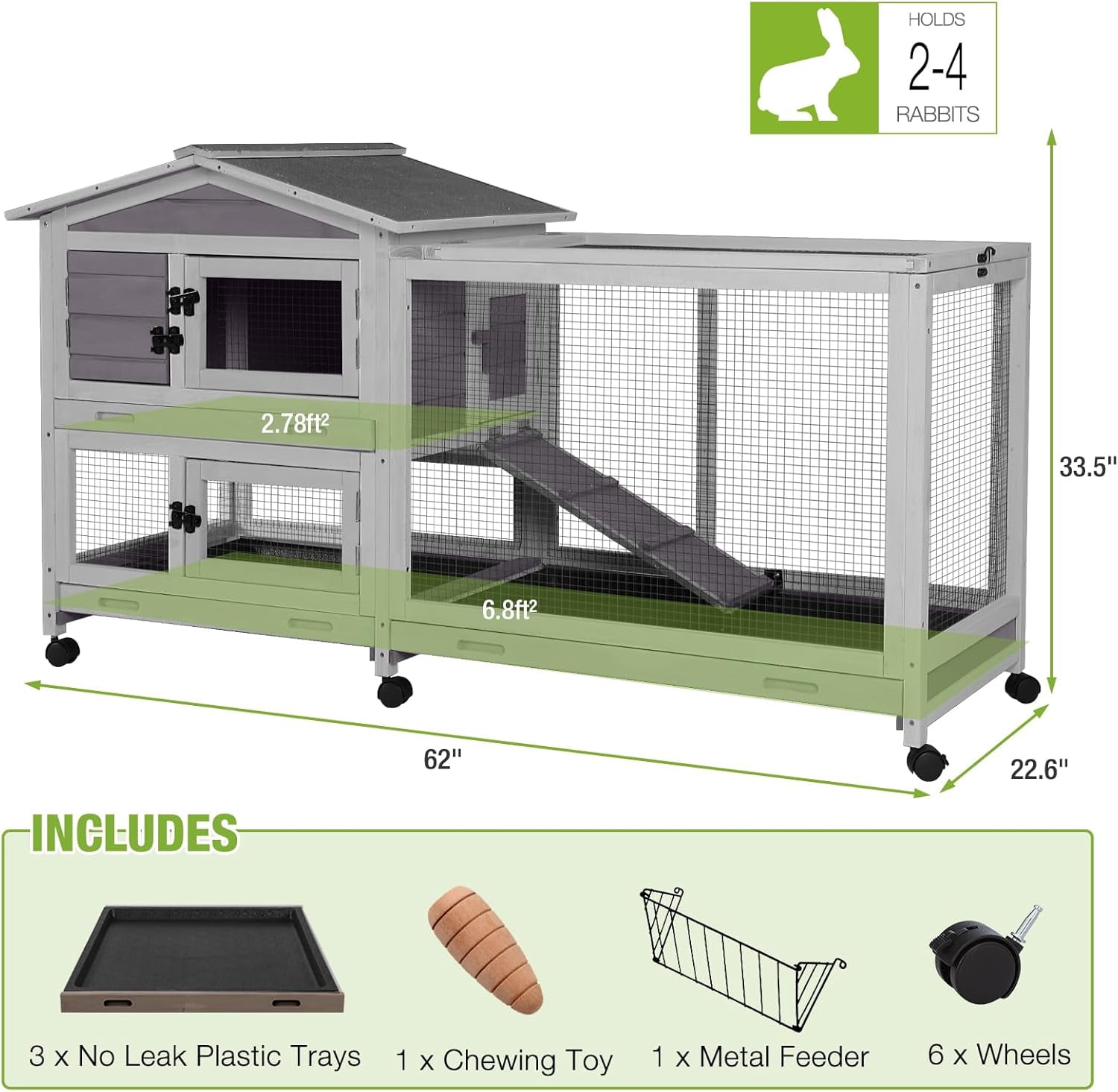 Aivituvin 2-Story Rabbit Hutch Indoor Large Bunny Cage with Chew-Proof Ramp - Wooden Rabbit Cage Outdoor with 6 Lockable Caster Wheels & Dual Pull-Out Trays for Rabbits, 62"L x 22.6"W x 33.5"H (Grey)