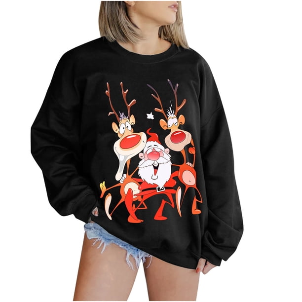 PRINxy Sweatshirts for Women Christmas Reindeer Print Sweatshirt Long  Sleeves Crew Neck Drop Shoulder Pullover Casual Loose Oversize Top For  Women Santa Claus Shirt Black M - Walmart.com