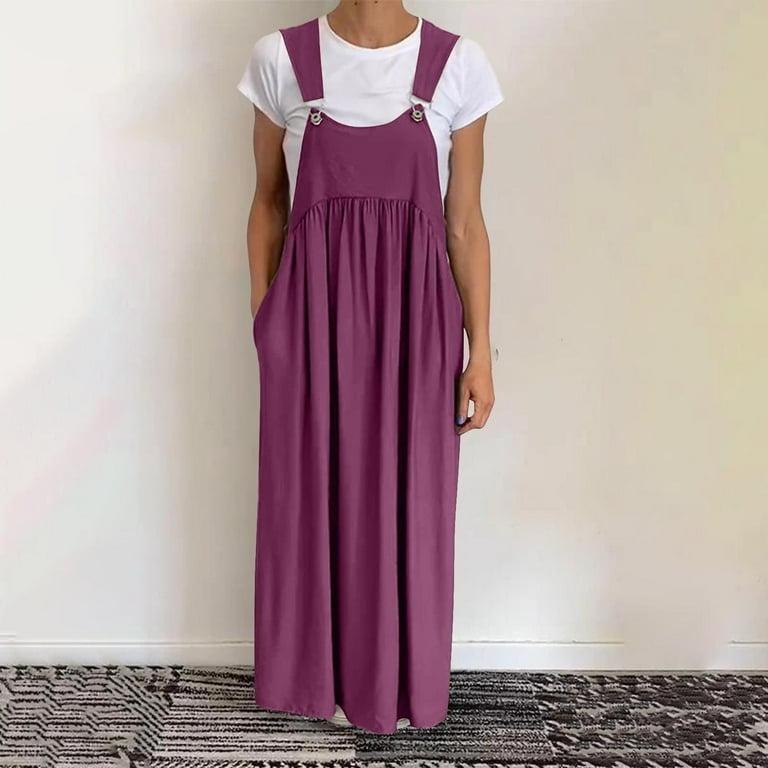 purple overall dress Meichang Overall Dress for Women Summer Loose Pleated Adjustable Straps Maxi Dress with Pockets Casual Jumper Dresses, Women's, Size: Small, Purple