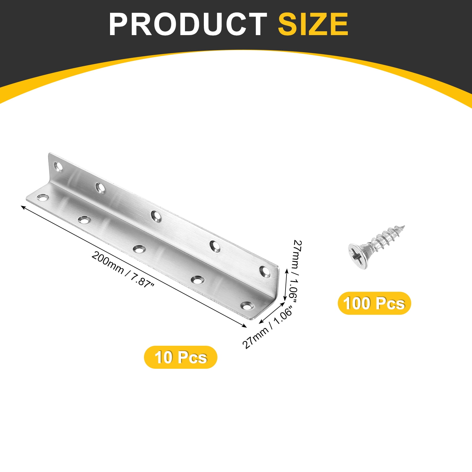10Pcs L-Shaped Brackets Corner Brace, 1.06"x1.06"x7.87" Corner Bracket Shelf Bracket Right Angle Brackets for Wood Shelves Furniture (27x27x200mm, Silver)