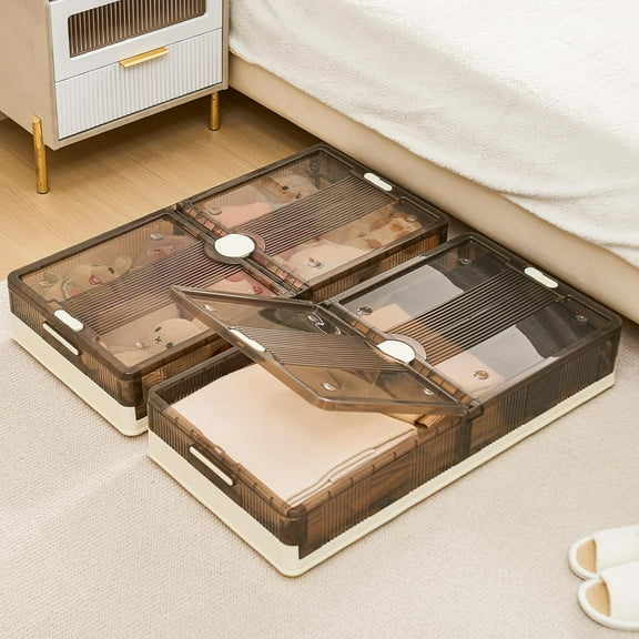 2 Pack Plastic Stackable Under Bed Storage with Wheels, 13.5 Gal Underbed Clothing Containers with Lids, Foldable Folding Organizer Box for Shoe Doll Clothes