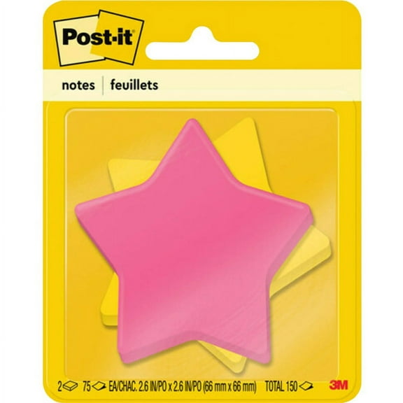 Post-it® Super Sticky Notes in Star Die-Cut Shapes - 150 - 3" x 3" - Star - 75 Sheets per Pad - Unruled - Assorted - Self-adhesive - 2 / Pack | Bundle of 2 Packs