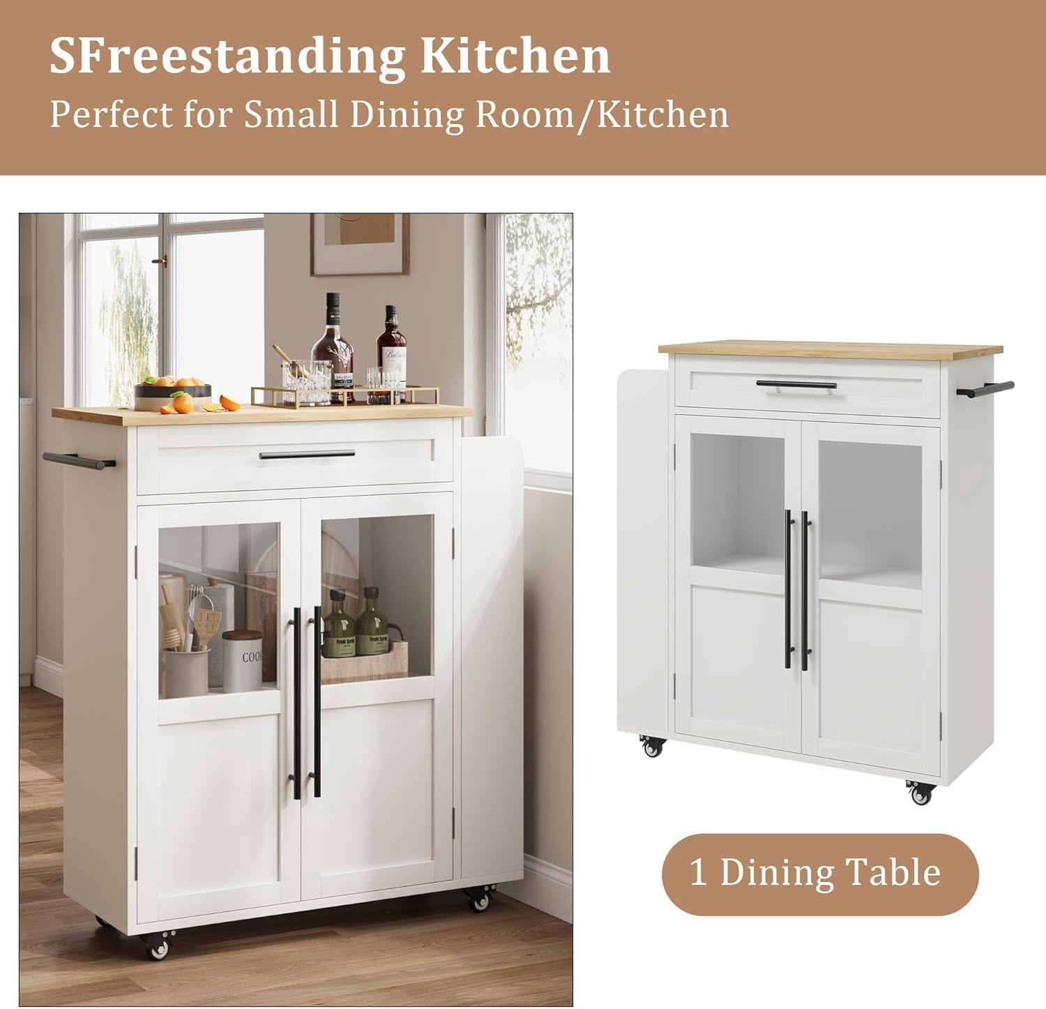 Multi-Functional Kitchen Island Cart with 2 Glass-Door Cabinets, Drawer, Spice Rack, and Towel Bar on Wheels
