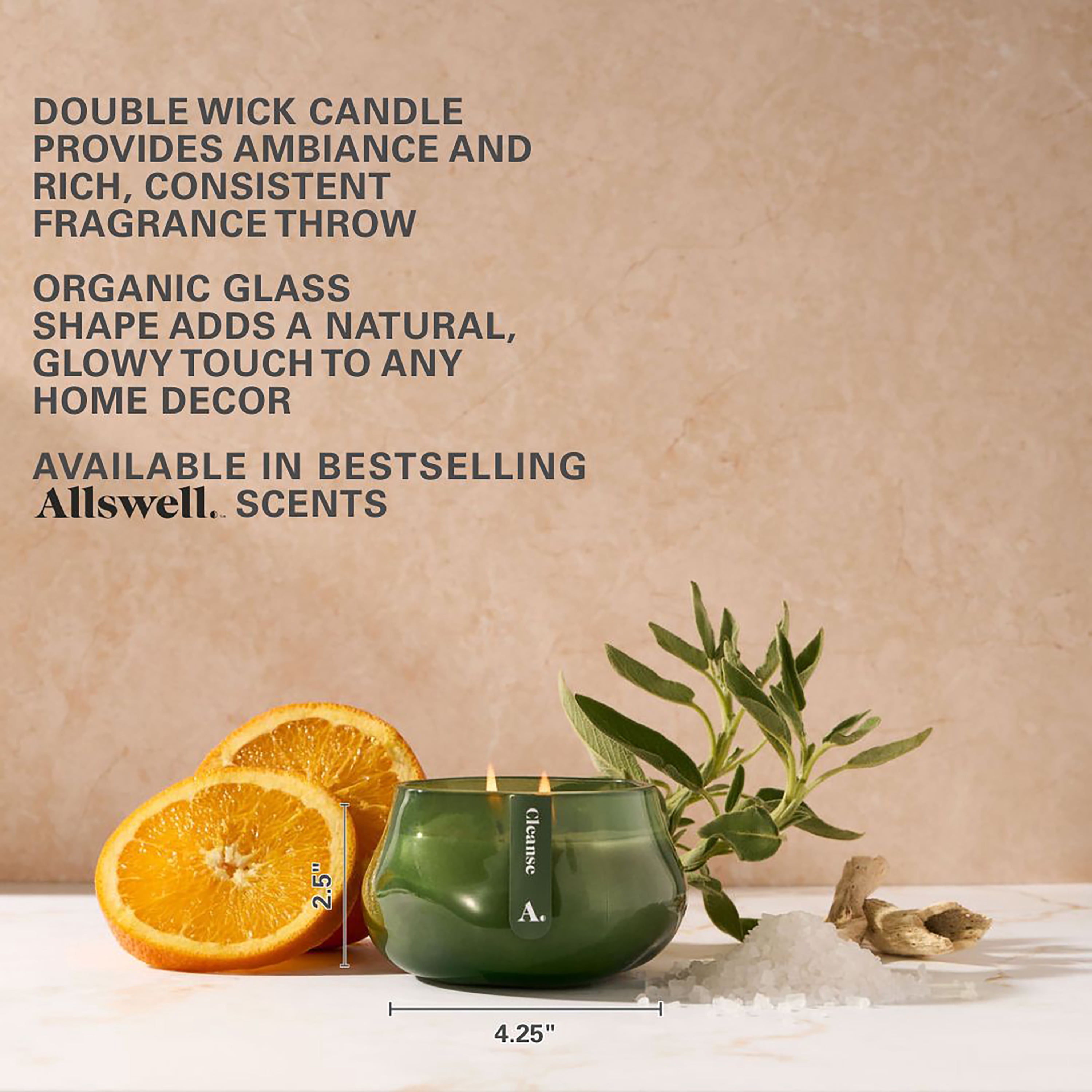 Allswell Cleanse (Fresh Orange + Sage Leaf + Sea Salt) Scented 1-Wick Organic Blown Jar Spa Candle 8oz.