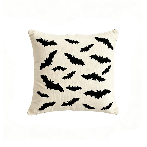 Halloween Throw Pillow Cover Without Insert Thick Linen Decorative Cushion Case with Embroidered Bat Hidden Zipper for Sofa Bedroom Home Decor 18x18in
