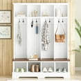thumbnail image 2 of Euroco Farmhouse 59"W Wide Hall Tree with 8 Hooks, Practical Entryway Bench with Open Compartments, 76.7"H Modern 3-in-1 Wooden Style Coat and Shoe Rack for Mudroom, Living Room, White, 2 of 9