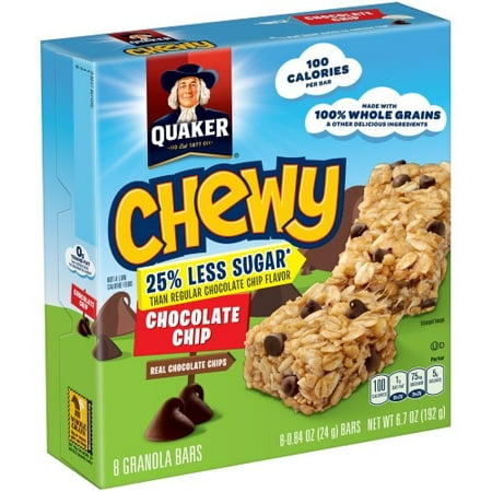 Quaker Â® Chewy 25% Less Sugar Chocolate Chip Granola Bars 8-0.84 Oz. Box
