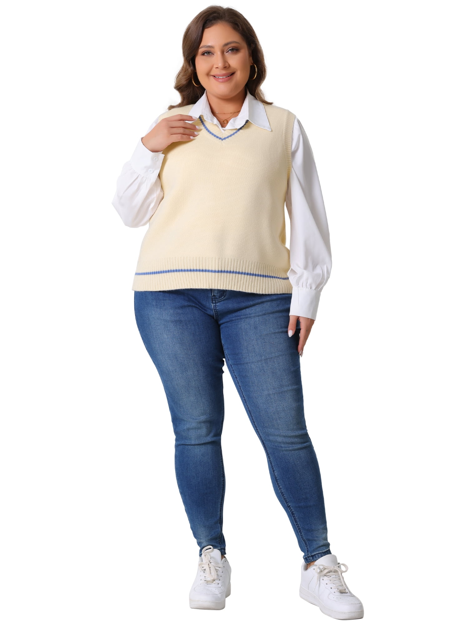DARING DIVA Women's Plus V Neck Stripe Cable Knit Pullover Sweater Vest 4X Beige