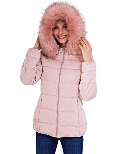 womens shiny puffer jacket with fur hood