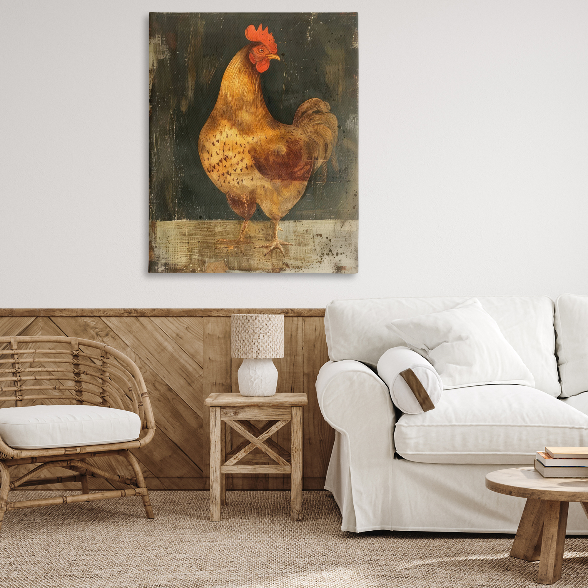 Stupell Industries Chicken on Rustic Background Animals Painting Wrapped Canvas Art Print Wall Art, 36 x 48