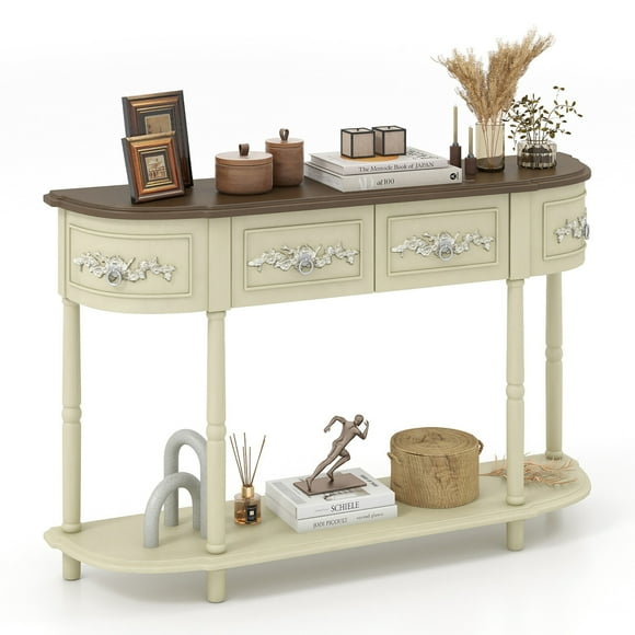 Gymax 52'' Long Sofa Table Retro Curved Console Table w/ Open Shelf Drawers Beige