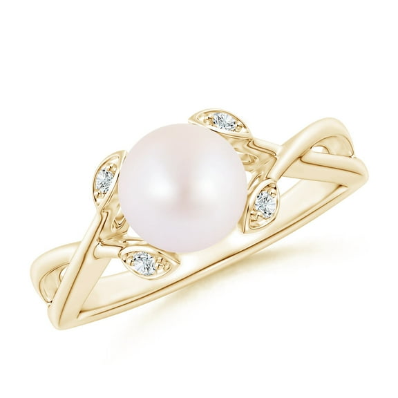 ANGARA Japanese Akoya Cultured Pearl Crossover Shank Engagement Ring in 14K Yellow Gold for Women | June Birthstone, Birthday, Anniversary, Jewelry Gift for Women | Pearl Ring
