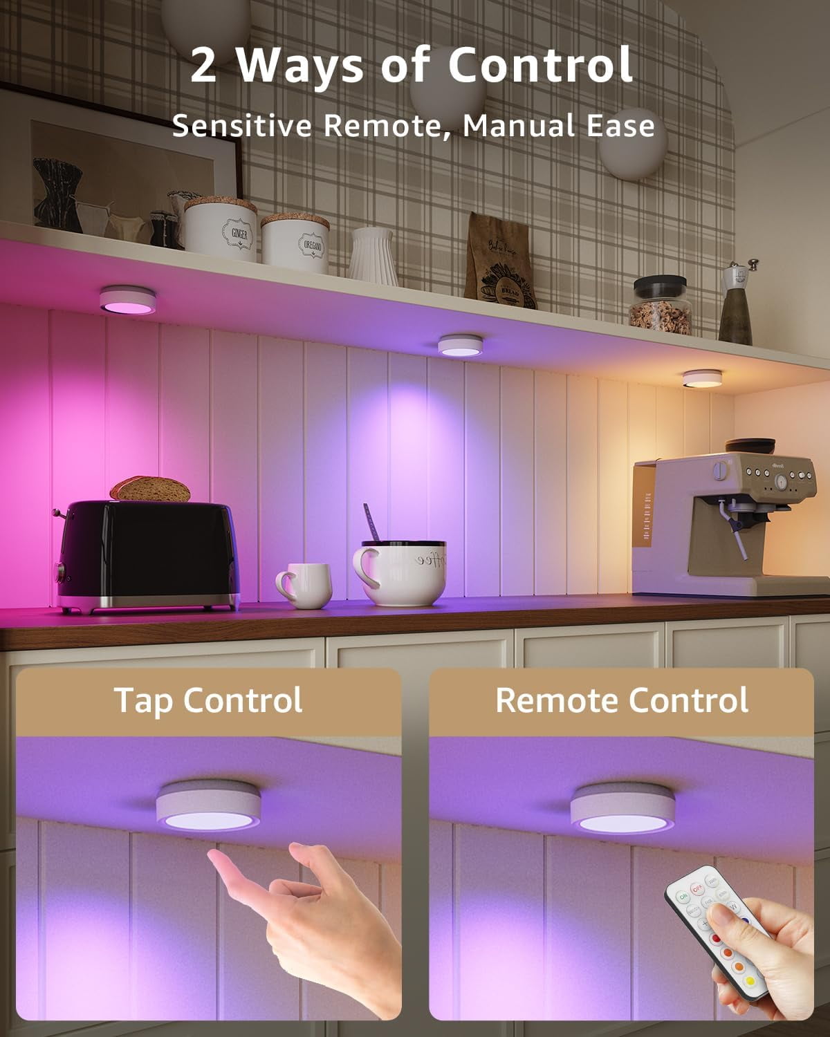 Rechargeable Puck Lights with Remote Control, 2400mAh Battery Operated Tap Light LED Stick On Lights for Closet Magnetic Night Light USB Display Shelf Lights Kitchen Under Cabinet Lighting Wireless