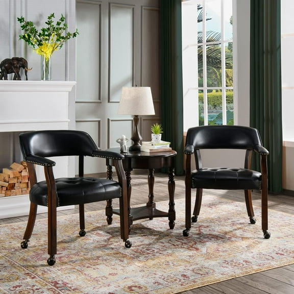 JESONVID Dining Chair with Casters Set of 2, Captain's Chair with Caster Dining Room Chairs with Rollers Curving Backrest Dinette Sets Poker Chair with Wheels Rolling Chairs,Cherry&Black
