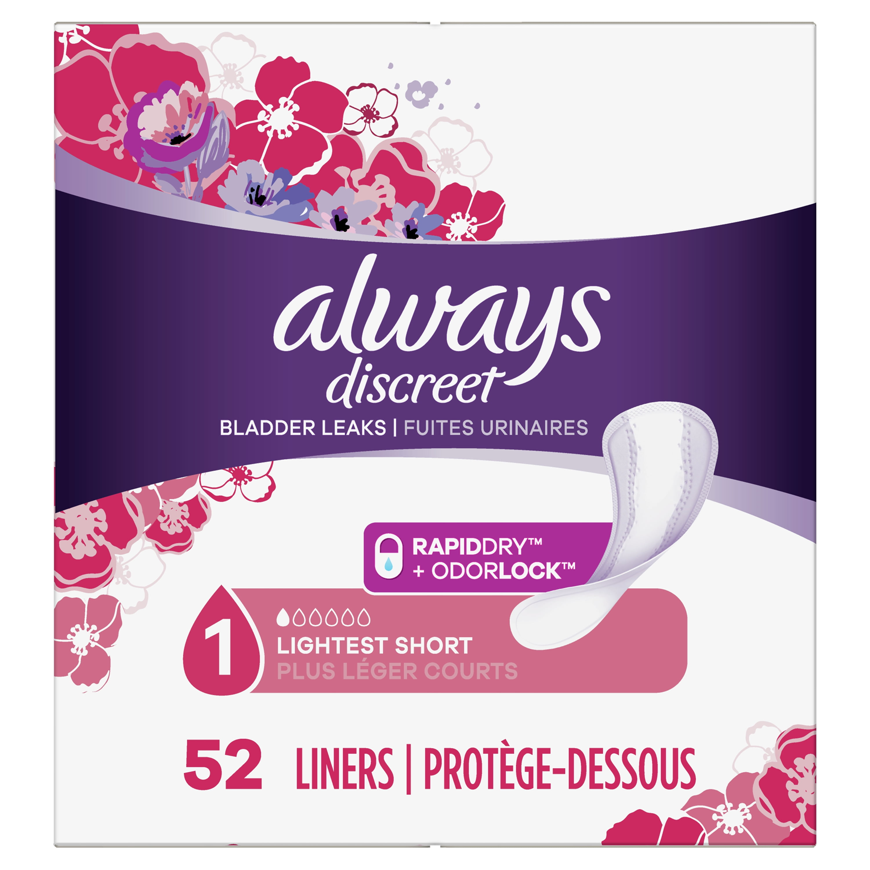 Always Discreet Incontinence Liners, Lightest Short Absorbency, 52 ct